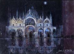 an oil painting of a building in the night with water reflecting off it's surface