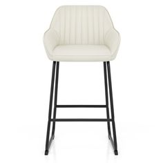 an upholstered bar stool with black legs and a white leather seat, viewed from the front