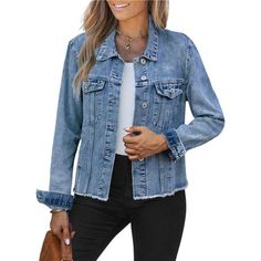 Jackets For Women Fashion Feature Turn-Down Collars, Long Sleeves, Button Down Closures, And Functional Pockets, Providing Both Style And Functionality. Women Denim Jackets Easily Elevates Your Overall Look With Its Distressed Jean Vintage Western Design. It Offers A Stylish Look That Never Goes Out Of Fashion In This Cowboy Outerwear Option. Crafted From Stretchy And Soft Denim Material, Casual Jackets For Women Provides Comfort And Flexibility When Worn. The Frayed Detailing And Raw Hemline Ad Denim Jacket With Buttoned Pockets In Denim Blue, Light Wash Denim Jacket With Buttoned Pockets For Fall, Fall Denim Blue Vest With Buttons, Blue Denim Vest With Buttons For Fall, Casual Single-breasted Denim Blue Jacket, Trendy Button-up Denim Jacket, Fall Medium Wash Button-up Denim Vest, Fall Medium Wash Denim Vest With Button Closure, Casual Denim Blue Jacket With Frayed Hem