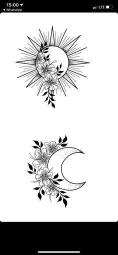 the sun and moon tattoo designs are shown on a white background, with black ink