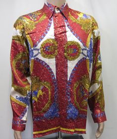 "One of-a-kind this Beautiful and unique \" Plato \" Style silk shirt, Horses Style inspired,Multicolored Metallic Silk with Hidden gold finish buttons, gold ,Orange,Blue. Design of racing Horses ,Olives and more. Men's Size ; L , XL Top Quality,Excellent condition Just a beauty ################################################################ Measurements: Please refer to measurement to determine the proper fit All measurements are taken with the Silk Shirt laying flat in inches. My suggestion i Luxury Long Sleeve Multicolor Shirt, Designer Formal Multicolor Shirt, Designer Multicolor Formal Shirt, Formal Long Sleeve Shirt With Baroque Print, Fitted Multicolor Silk Shirt, Fitted Long Sleeve Shirt With Baroque Print, Silk Shirt Men, Silk Shirts, Greek Style