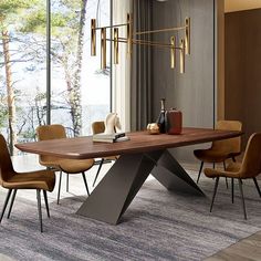 a dining room table with chairs around it