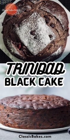 a chocolate cake with powdered sugar on top and the words trambod black cake above it