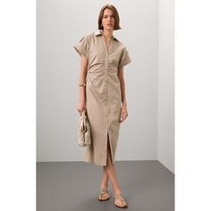 Beige cotton (97% Cotton, 3% Spandex). Casual dress. Short sleeves. Collared. Side zipper closure. 50.5" from shoulder to hemline. Imported. Casual Dress Short, Ruched Shirt Dress, Ruched Shirt, Rent The Runway, Closet Designs, Tall Girl, Office Casual, Dress Short, Side Zipper