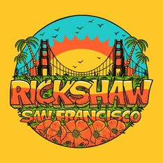 the logo for rickshaw san francisco, with flowers in front of it and an orange background