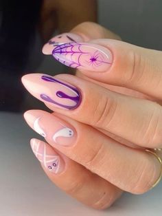 Halloween Nails Easy, Unghie Nail Art, Cute Halloween Nails, Nagel Tips, Purple Nail, Her Nails, Almond Acrylic Nails, Thanksgiving Nails