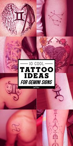 many different tattoos are shown on the legs and thighs, with zodiac signs above them