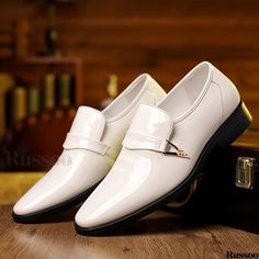 Russoo - Versatile Mens Slip-On Dress Shoes: Elevate Your Wardrobe with a Range of Sophisticated Colors, Perfect for Smart Casual Attire and Comfortable Walking White Dress Shoes For Party, White Dress Shoes For Spring Party, Classic White Dress Shoes For Party, Elegant Spring Wedding Dress Shoes, Formal White Pointed Toe Dress Shoes, White Pointed Toe Dress Shoes For Formal Occasions, White Dress Shoes For Workwear In Spring, Elegant Slip-on Dress Shoes For Summer, White Dress Shoes For Spring Work