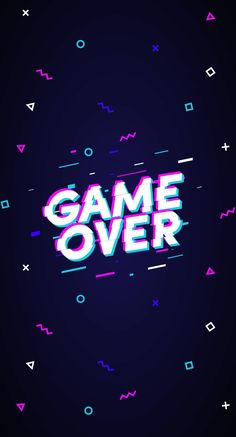 the text game over is surrounded by colorful lines and dots on a black background with pink and blue colors