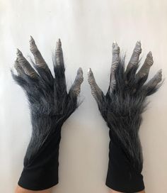 New Pair of long Fingered Gray Monster Hands Adds Inches of Length to Your Fingers! Great for Any Monster Costume! New Long Fingered Monster Gloves they have an amazing comfort and feel. They add inches to each of your fingers, for a creepy long finger look.  Unlike many costume gloves they allow you to pick up objects. Great attention to detail on the latex fingers, long wear comfort on the micro weave hands and arms with attached synthetic fur. Unique design by RZ Express Studios, Made in the USA by Zagone Studios, see why Zagone Studios products are the Top choice of Haunted Houses and professional Haunts. Latex fingers with faux fur attached to micro weave gloves are 18 inches long, adult sized one size fits most. New gloves in package. Werewolf Hands, Monster Gloves, Monster Fashion, Monster Costume, Monster Costumes, Costume Gloves, Witching Hour, Halloween Costume Accessories