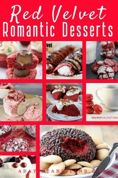 red velvet romantic desserts cookbook cover with pictures of cakes, cookies and cupcakes