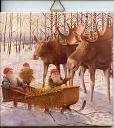 a painting of santa claus and his reindeers in a sleigh with hay