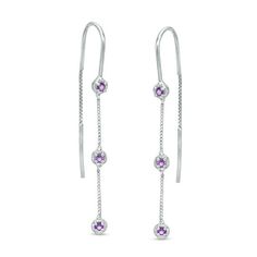 Achieve a delicate look with these shimmering gemstone station threader earrings. Crafted in sterling silver, each slender dangle highlights three evenly spaced bright purple amethyst, each set inside a petite circular frame. Feminine and lovely, these earrings are buffed to a brilliant luster and secure with threader backs. Circular Frame, Light Amethyst, Peoples Jewellers, Bright Purple, Purple Stones, Threader Earrings, Amethyst Earrings, Amethyst Stone, Earring Backs