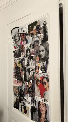 a white door with many pictures on the front and back of it, including women's faces