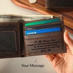 This wallet can be personalized with the monogram of your choice, making a special gift that will be cherished for years to come. You can add a custom message on the inside (up to 20 words) to have a perfect present for groomsmen, husbands, boyfriends or fathers. P R O D U C T ∙ I N F O * Word limit: up to 20 words on the inside * Materials: Genuine leather * Dimensions: 4 3/8" x 3 1/2" x 5/8" (11x9x1.5 cm) * Features: - 1 money slot - 5 card slots - 2 hidden slots H O W ∙ T O ∙ P E R S O N A L Father's Day Gift Card Holder With Slots, Personalized Bifold Wallet For Father's Day, Customizable Wallets For Father's Day Personalized Gift, Customizable Wallets For Father's Day, Bifold Wallet For Father's Day, Father's Day Gift Bifold Wallet, Father's Day Bifold Wallet Gift, Father's Day Gift Trifold Wallet With Card Slots, Father’s Day Gift Trifold Wallet With Card Slots