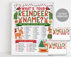 a christmas card with reindeers and presents on it, next to a printable name tag