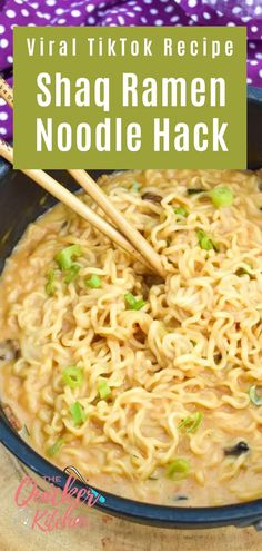 a bowl filled with noodles and chopsticks next to a purple polka dot cloth