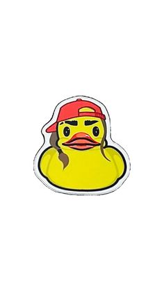 a yellow rubber duck with a red hat on it's head and tongue sticking out