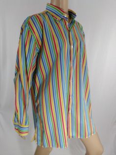 "Men's Shirt Long Sleeve Rainbow Striped Buttons Like New Condition Vintage by SOLEMARE MAUST & HOFFMAN Size XL Made in ITALY FABULOUS ITALIAN SHIRT Substantial high quality woven 100% COTTON fabric. Long sleeve, tiny collar, side slits, extra long,white buttons, front pocket. Super high quality. Made in ITALY. Excellent LIKE NEW condition. Easy to wear casual chic vintage for the disco sporting life. MEASUREMENTS: Length - 33\" Chest (underarms to underarms) - 25\"x2 Sleeve (shoulder to cuf Striped Shirt Men, Italian Shirts, 80s Shirts, Vintage Bathing Suits, Rainbow Shirt, Cotton Texture, Chic Vintage, Shirt Long Sleeve, Rainbow Stripes