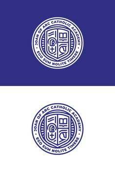 Official brand seal / emblem for Joan of Arc Catholic Academy with Blue and white colour palette. Graphic Design, Branding, Art Direction, Adobe Illustrator, Adobe Photoshop Kindergarten Logo, Association Logo, Creative Logos, Logo Design Set, University Logo, College Logo, Joan Of Arc