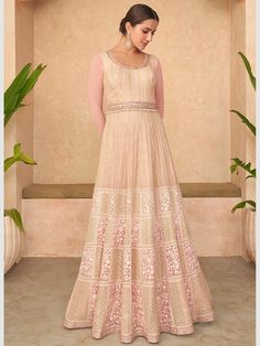 Georgette Embroidery - Anarkali Salwar Kameez - Indian Dress - C1058B | Fabricoz USA Peach Gown, Floor Length Anarkali, Georgette Anarkali, Long Anarkali, Gown Suit, Georgette Dupatta, Anarkali Gown, Heavy Embroidery, Anarkali Suit