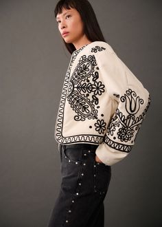 Elastic-waist straight pants - Woman | MANGO USA Embroidered Jacket Outfit, Sashiko Jacket, Cotton Jackets Women, Decorative Embroidery, Outfit Zara, Embroidery Designs Fashion, Embroidered Jacket, Women's Coats & Jackets, Crepe Fabric