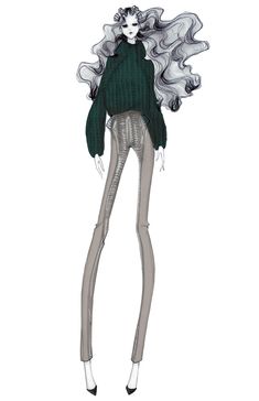 a drawing of a woman with long white hair and green sweater, standing in front of a