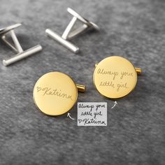 "♥ Handwriting Cufflinks for Father of the Bride ♥ There couldn't be more perfect than giving your Dad these handwriting cufflinks on your big day! It's an awesome way to show dad that you will always be his little girl. ITEM ∙ DESCRIPTION * Materials: Solid 925 Sterling Silver * Dimensions: 5/8'' (15mm) * Finishing: Silver, Gold * Words limit: up to 4-5 short words on each cufflink HOW ∙ TO ∙ ORDER * Choose what you want at the drop-down options. * In the \"Add your personalization\" or \"Note Groom Cufflinks From Bride, Wedding Day Cufflinks, Engravable Cufflinks For Wedding Gift On Father's Day, Cuff Links For Groom From Bride, Personalized Cufflinks Wedding, Personalized Silver Cufflinks For Wedding Gift, Cufflinks Father Of The Bride, Dad Wedding Gift, Personalized Cufflinks