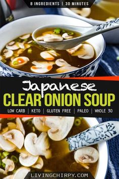 japanese clear onion soup in a bowl with chopsticks on the side and spoon