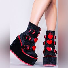 Worn Once! Yru Black Velvet Platform Boots With Red Hearts On Buckles And Red Trim. Questions? Leave A Comment Below! Akira Aesthetic, Yru Shoes, Goth Stuff, Magical Girl Outfit, Clothing Reference, Goth Glam, Twinkle Toes, Velvet Boots, Funky Outfits