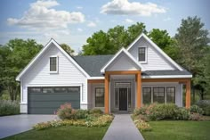 this is an artist's rendering of the front elevation of a house with two car garages