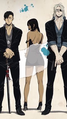 three anime characters standing next to each other