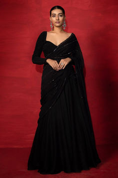 Black embroidered sequin draped ready-to-wear draped lehenga saree Georgette Saree With Full Sleeve Blouse, Black Blouse Neck Design, Stylish Black Blouse Design, Sequin Saree Blouse Designs Full Sleeves, Black Saree With Black Blouse, Black Sequin Saree Blouse Design, Black Full Sleeve Blouse Lehenga, Full Selves Blouse Design For Saree, Blouse Designs For Women Saree