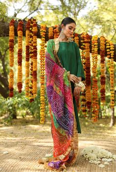 Anarkali in USA| Green Cotton-Silk Straight Cut Kurta Palazzo Set Colorful Dupatta, Reception Look, Cotton Kurti Designs, Palazzo Pant, Palazzo Set