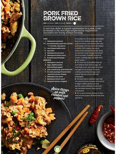 an advertisement for brown rice with chopsticks next to it