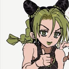 an anime character with green hair giving the thumbs up and pointing to her left side