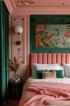 a bedroom with pink walls and green trimmings on the headboard, along with a painting above the bed