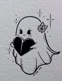 a drawing of a ghost reading a book with a flower on its head and eyes