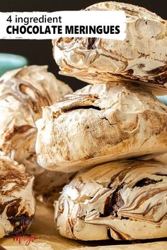 there are four pieces of bread stacked on top of each other with the words ingredient chocolate meringues