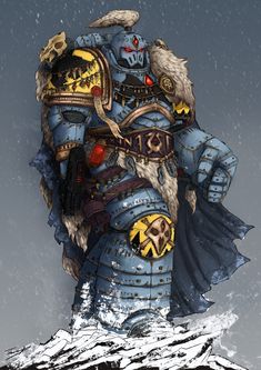 a character from the video game warhammer standing in front of a snowy mountain top