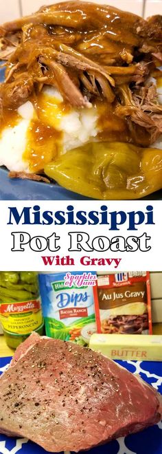 an image of mississippi pot roast with gravy in the middle and on the side