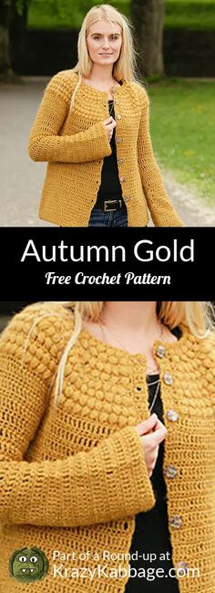 a woman wearing a yellow knitted cardigan and black top with text that reads, autumn gold free crochet pattern