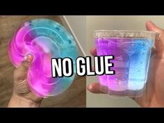 two pictures with the words no glue in front of them and an image of a plastic cup filled with colored liquid