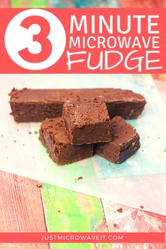 three chocolate fudge brownies stacked on top of each other with text overlay