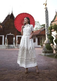 Vintage Lanna TRADITIONAL CLOTHES SET  - Thailand Vintage Skirt And Blouse Clothe Set For Women 2 piece set Shirt and skirt  Cotton fabric, printed pattern, no lining, no glue. Slim-fit collar shirt, front buttons, shirt length 16-17 inches. High waist skirt Tweed pleated style, not smocked, has a back zipper, length 37 inches. Package contents; 1 crop 1 skirt Material : Cotton Fabric Size Top : 34/ Chest 34 inches / Length 16 inches 36/ Chest 36 inches / Length 16 inches 38/ Chest 38 inches / L Traditional Long Skirt Sets For Summer, White Hmong Clothes, White Folk Dress With Woven Motifs, Vintage White Gathered Skirt, Indonesian Clothing, White Folk Embroidered Dress With Woven Motifs, Traditional White Summer Cheongsam, Vintage Rock, Skirt And Blouse