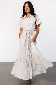 Covey Button Up Maxi Dress | Cream Stripe Cream Dresses, Button Up Maxi Dress, Skirt Asymmetrical, Long Striped Dress, Baltic Born, Dress Cream, Colored Background, Semi Transparent, Cream Dress