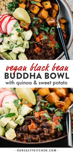 vegan black bean buddha bowl with quinoa and sweet potato on the side