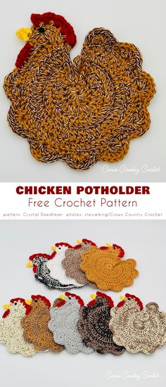 crochet chicken potholder pattern is shown in three different colors and sizes, with the