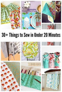 the cover of 30 + things to sew in under 20 minutes, with pictures of different items