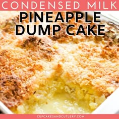 a casserole dish with pineapple dump cake in it and text overlay